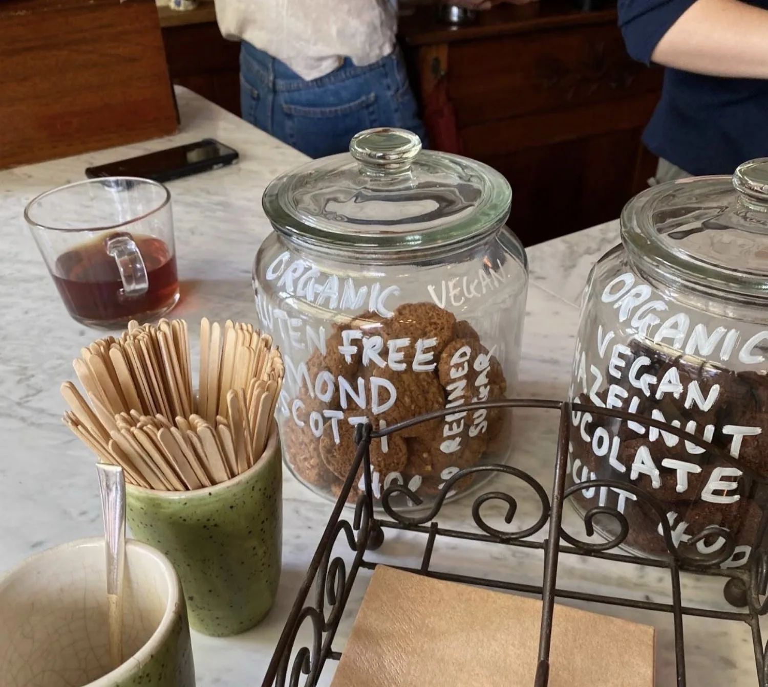 Organic vegan biscuit jars on the counter
